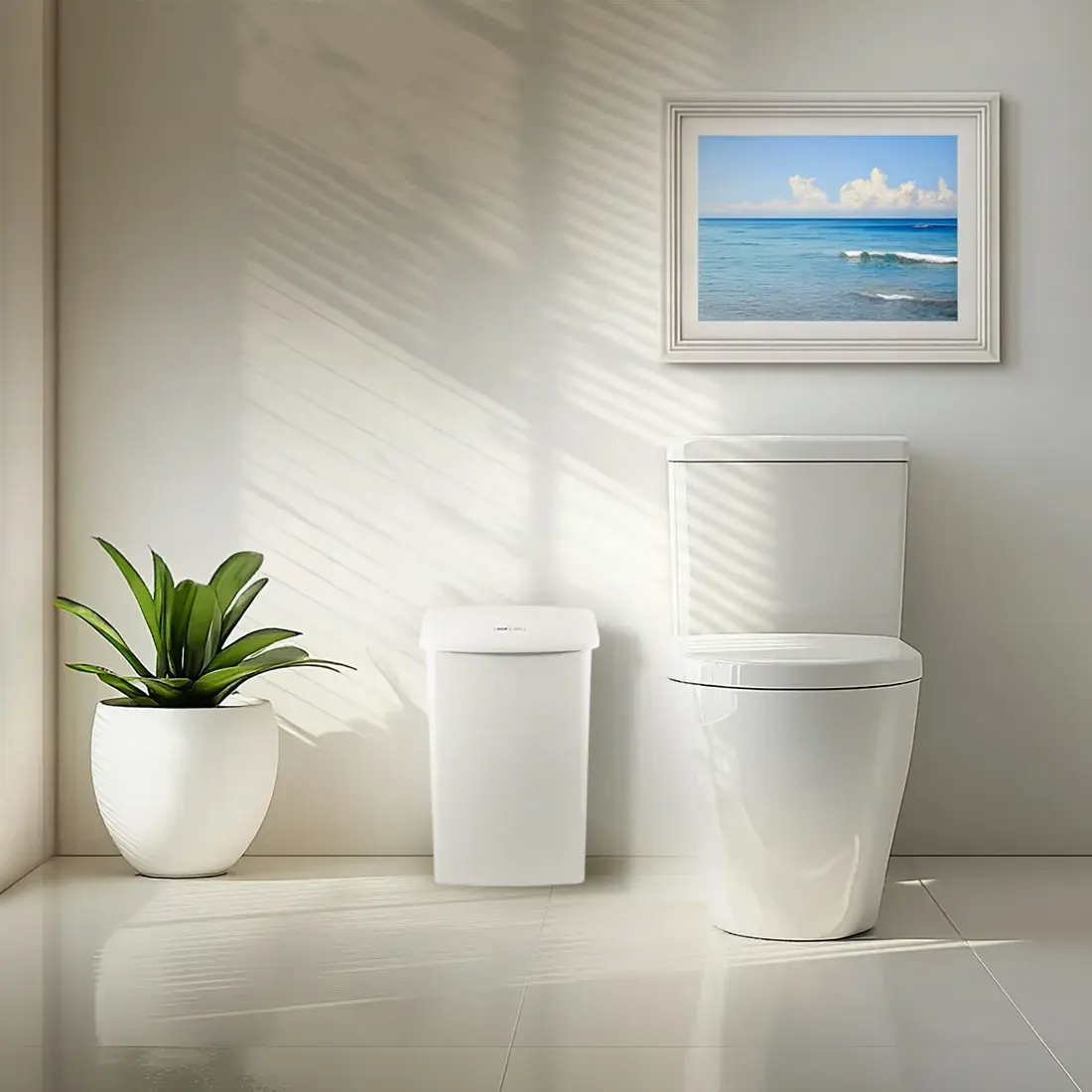 A bright washtoom with a CWS Hygiene Bin